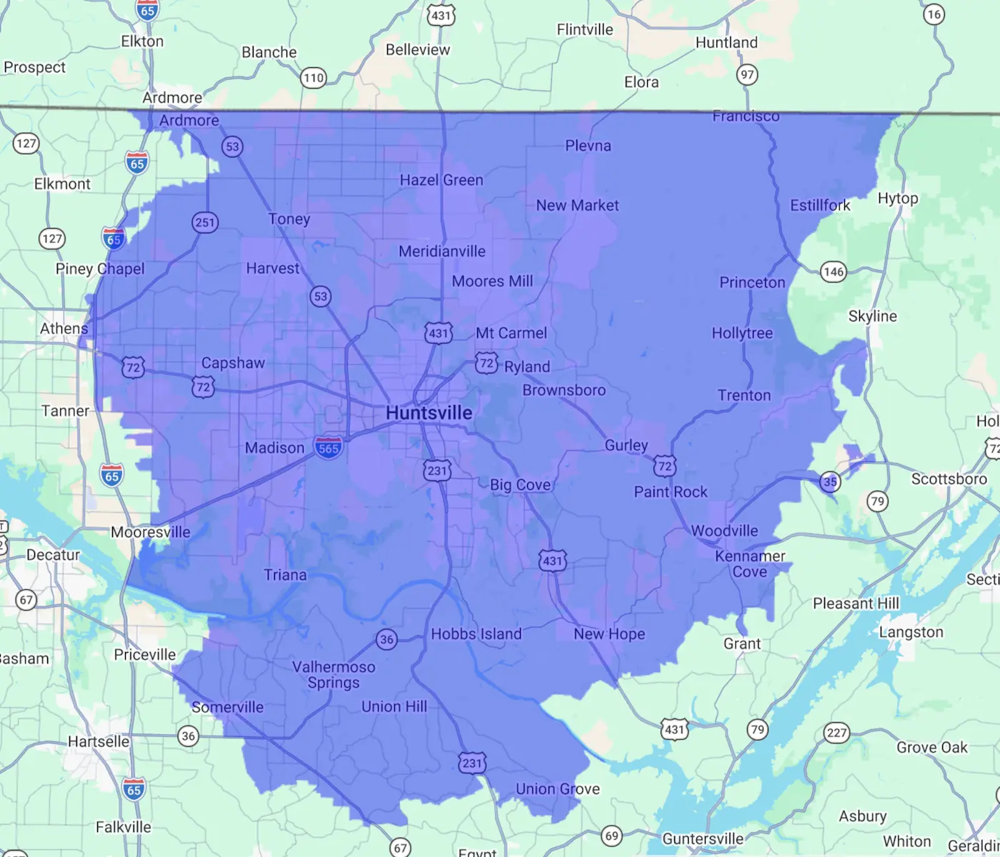 Service area of Leisure Pools Huntsville: Huntsville, Alabama